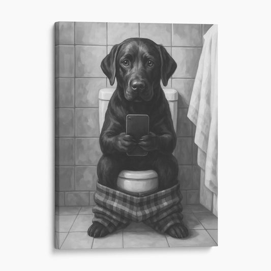 Black Labrador On The Phone On The Toilet