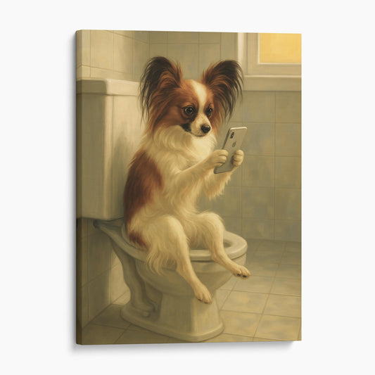 Papillon Dog On The Phone On The Toilet