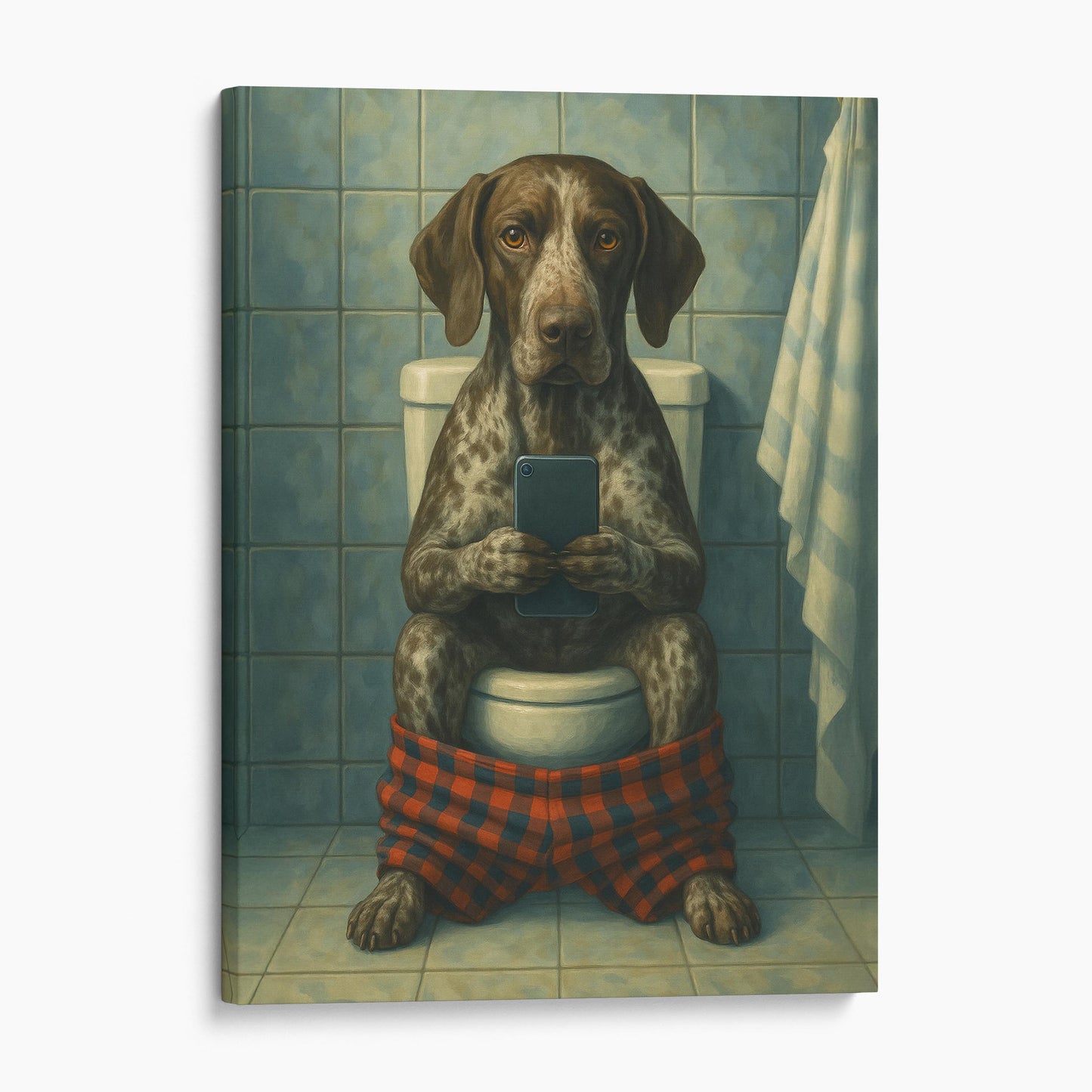 German Shorthaired Pointer On The Phone On The Toilet