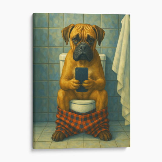 Boxer Dog On The Phone On The Toilet