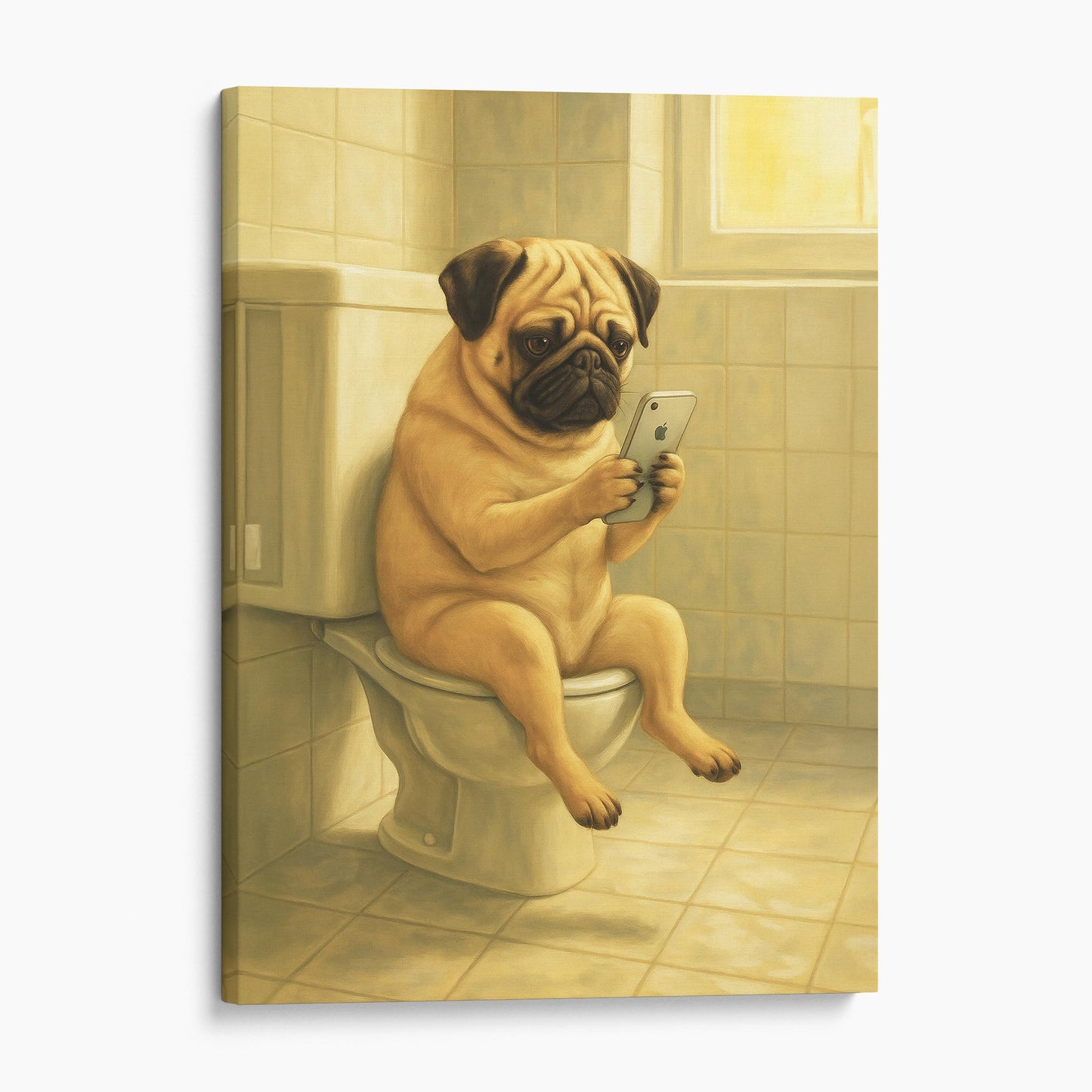 Pug Dog On The Phone On The Toilet