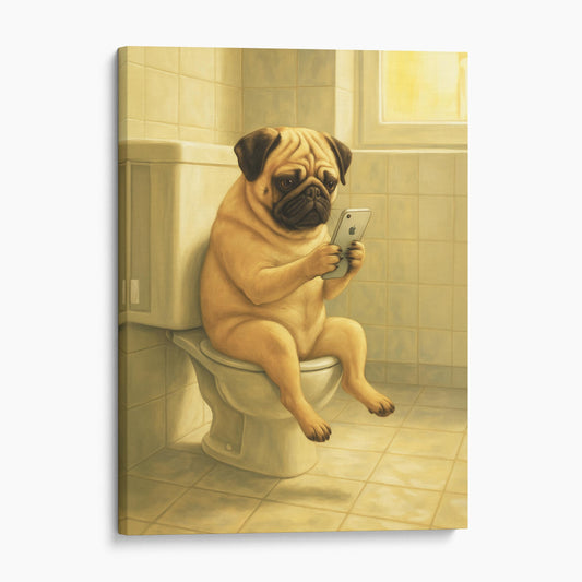 Pug Dog On The Phone On The Toilet