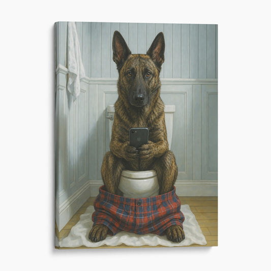 Dutch Shepherd Dog on the Phone on the Toilet