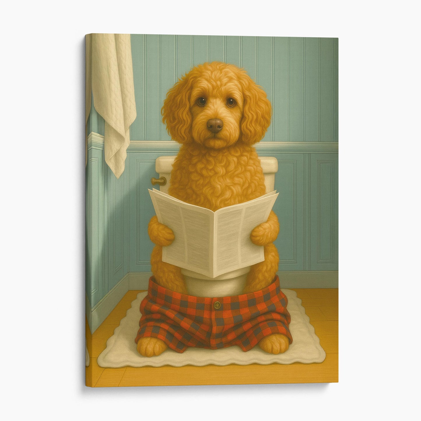 Cockapoo Dog Reading The Newspaper On The Toilet