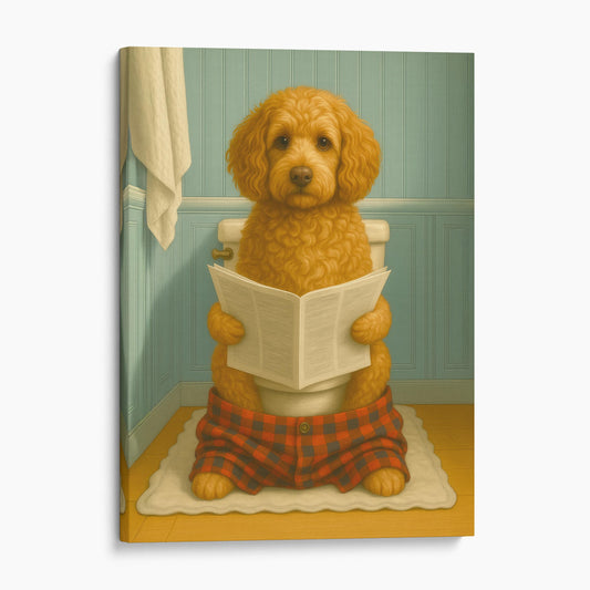 Cockapoo Dog Reading The Newspaper On The Toilet
