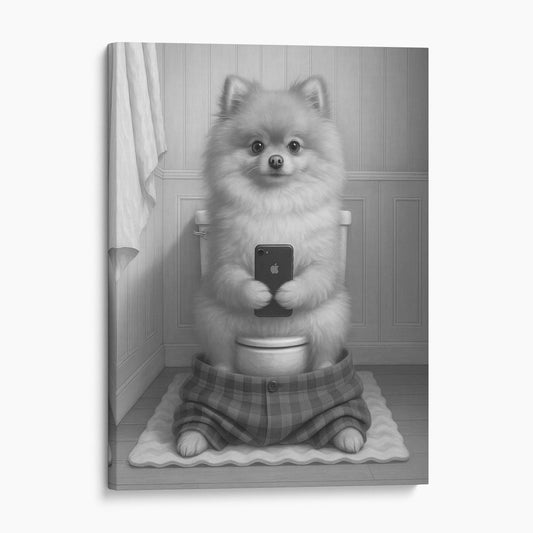 Pomeranian Dog On The Phone On The Toilet