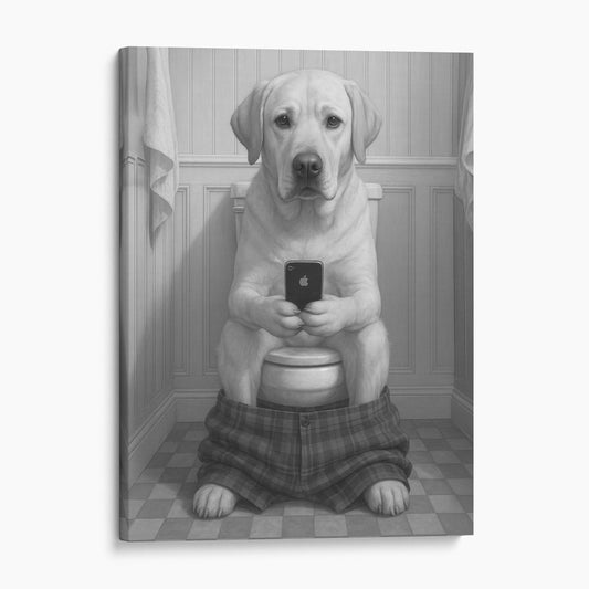 Yellow Labrador Retriever Dog On The Phone On The Toilet