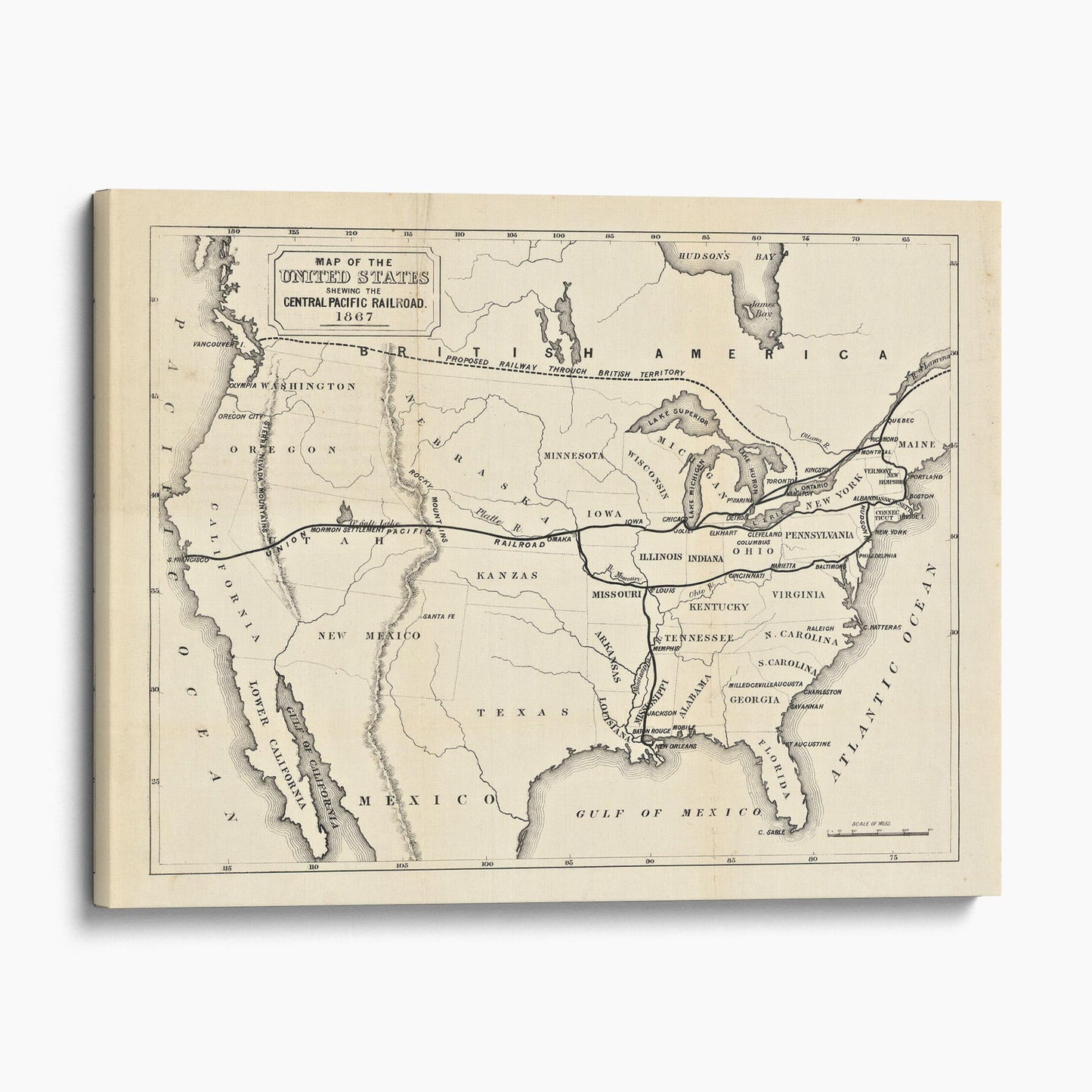 Map of the United States 1867 Central Pacific Railroad