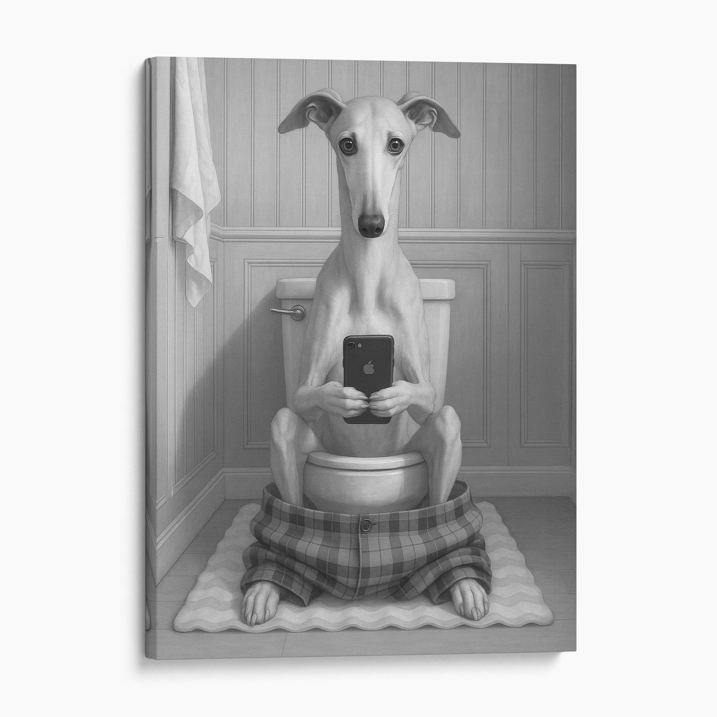Greyhound Dog On The Phone On The Toilet