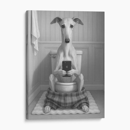 Greyhound Dog On The Phone On The Toilet
