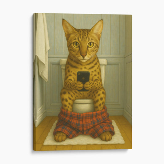 Savannah Cat On The Phone On The Toilet