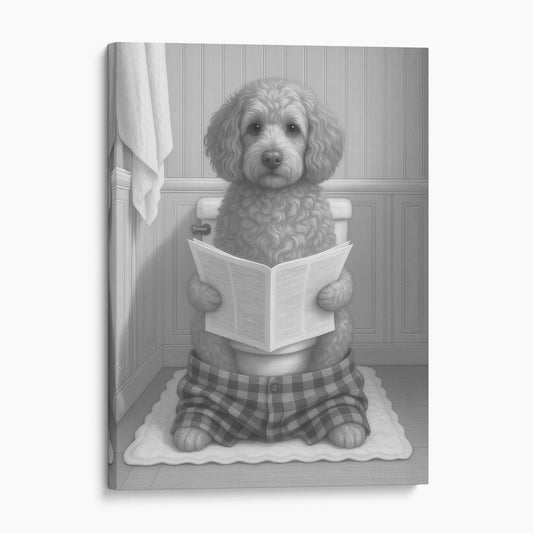 Cockapoo Dog Reading The Newspaper On The Toilet