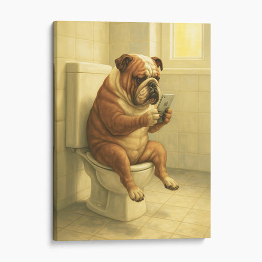 Bulldog On The Phone On The Toilet