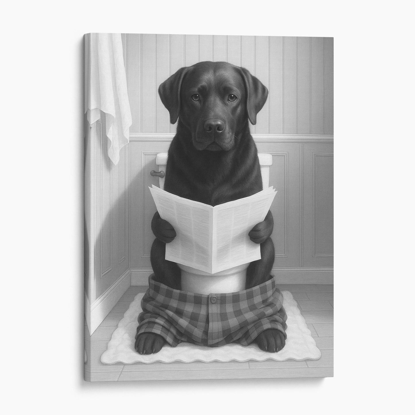 Black Labrador Dog Reading The Newspaper On The Toilet
