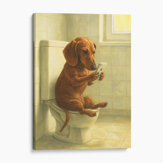 Dachshund Dog On The Phone On The Toilet