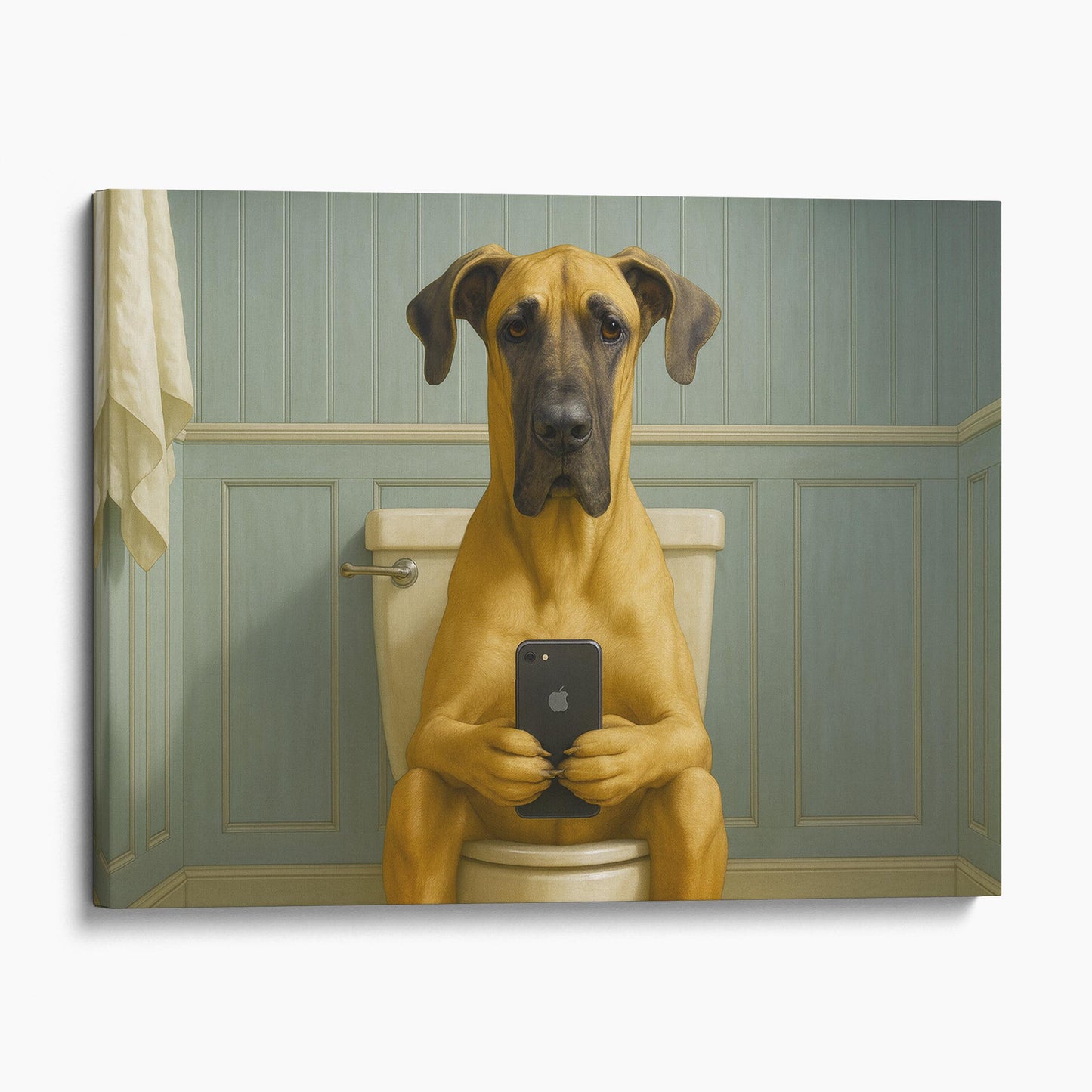 Great Dane Dog On The Phone On The Toilet