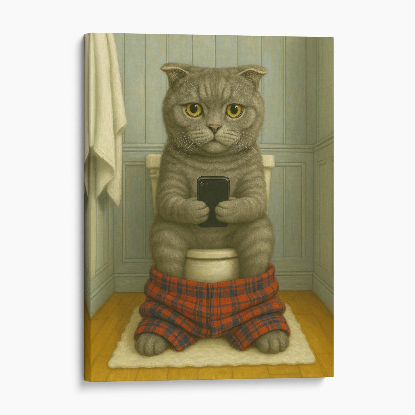 Scottish Fold Cat On The Phone On The Toilet