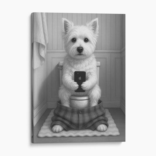 West Highland White Terrier Dog On The Phone On The Toilet