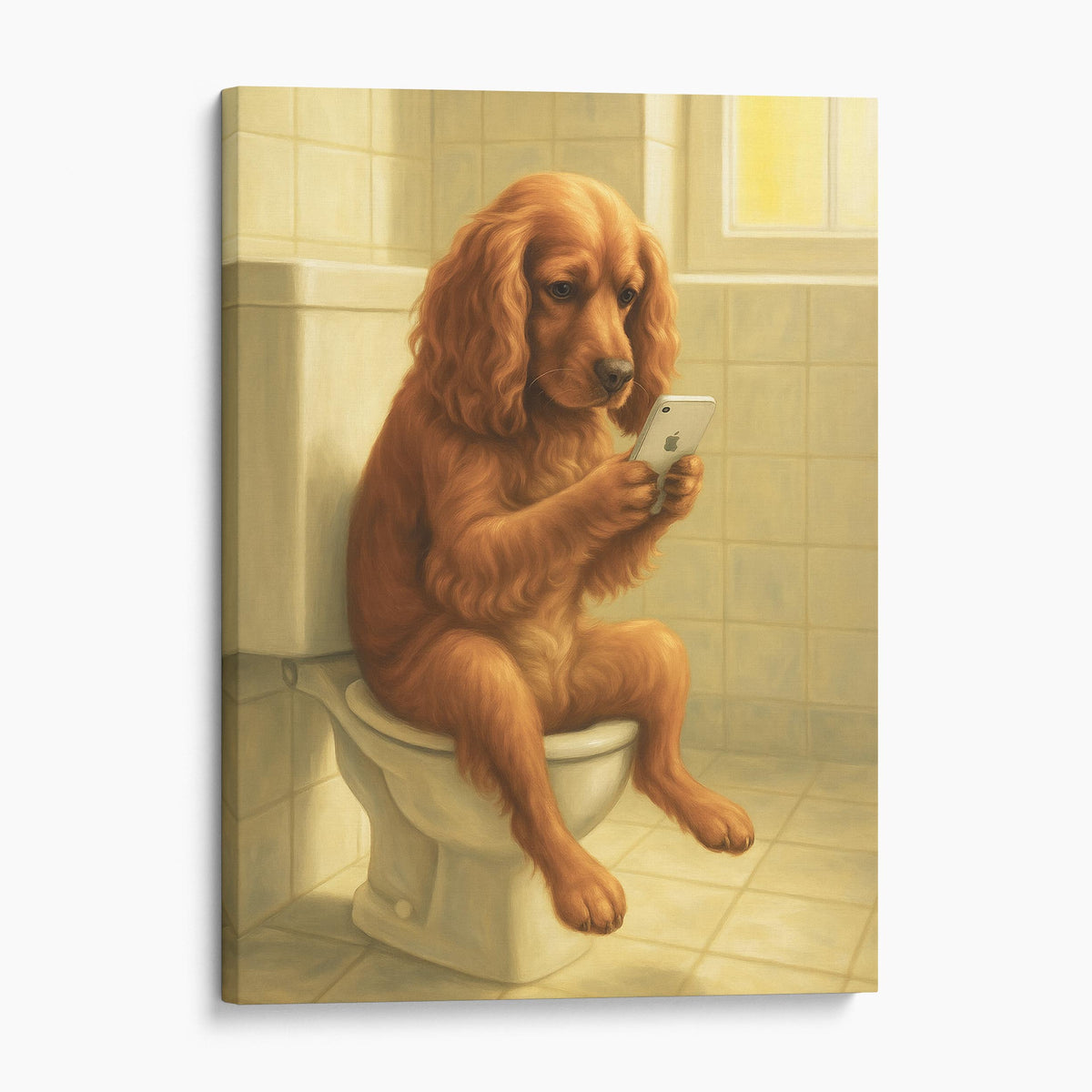 English Cocker Spaniel Dog On The Phone On The Toilet