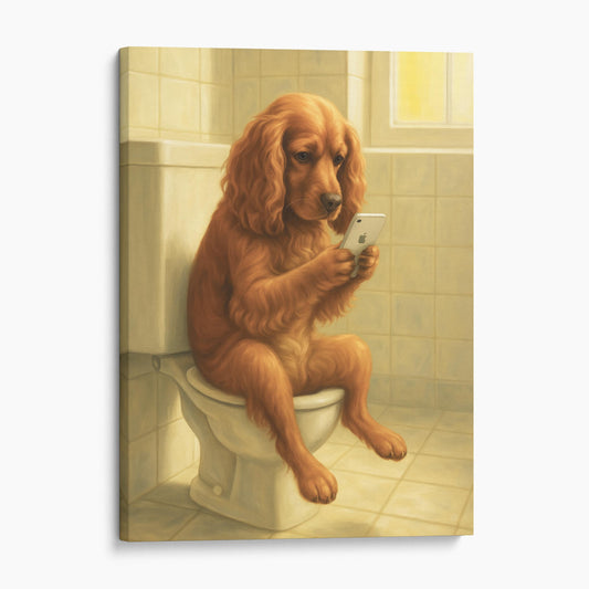 English Cocker Spaniel Dog On The Phone On The Toilet