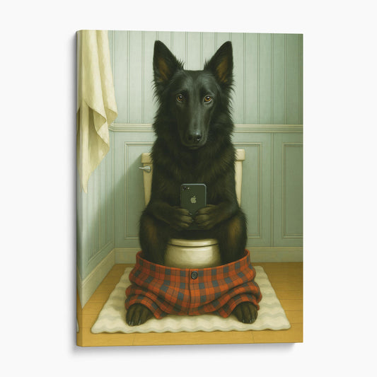 Belgian Shepherd Dog On The Phone On The Toilet
