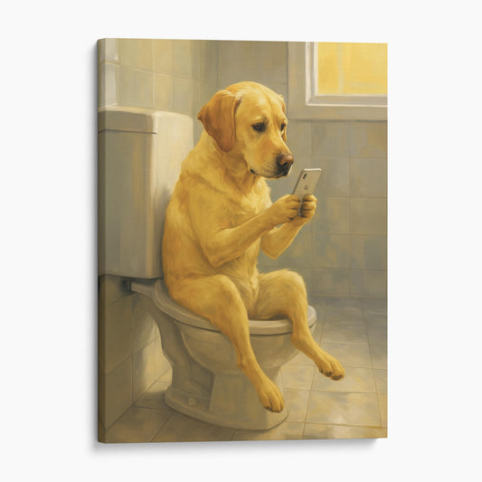 Yellow Labrador Retriever Dog On The Phone On The Toilet