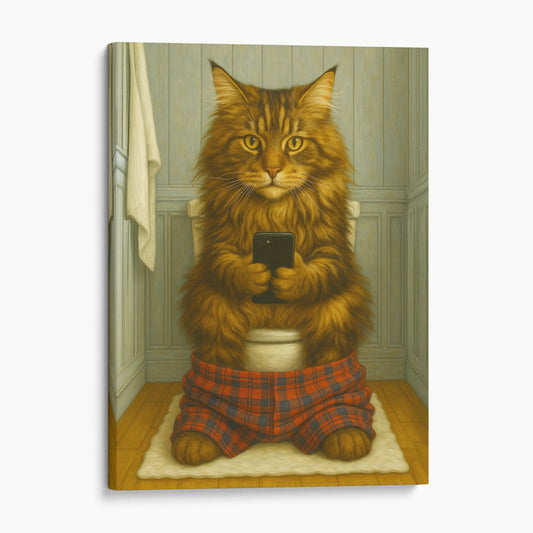 Maine Coon Cat On The Phone On The Toilet