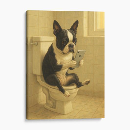 Boston Terrier Dog On The Phone On The Toilet