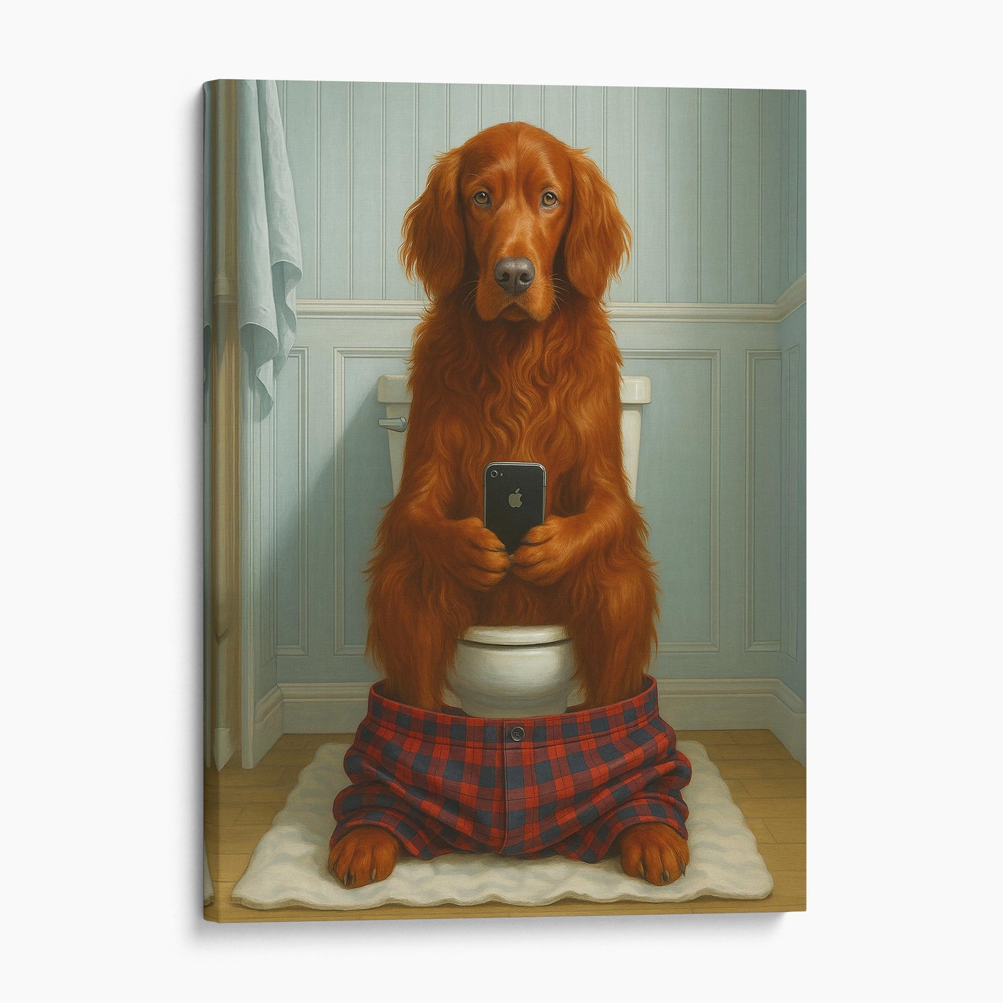 Irish Setter Dog On The Phone On The Toilet