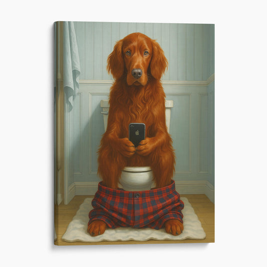Irish Setter Dog On The Phone On The Toilet