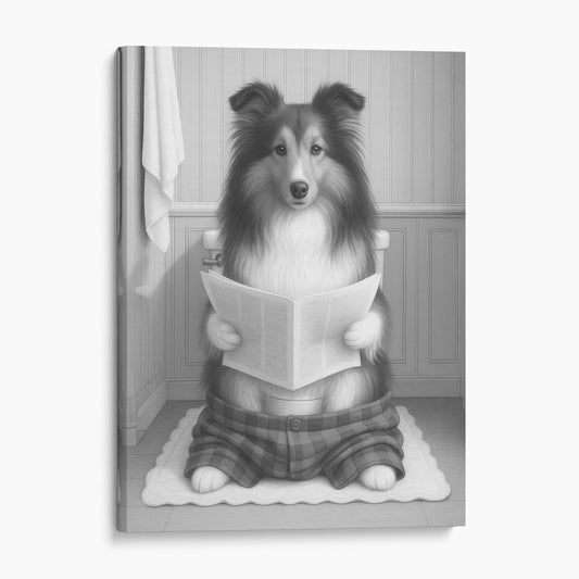 Shetland Sheepdog Reading The Newspaper On The Toilet