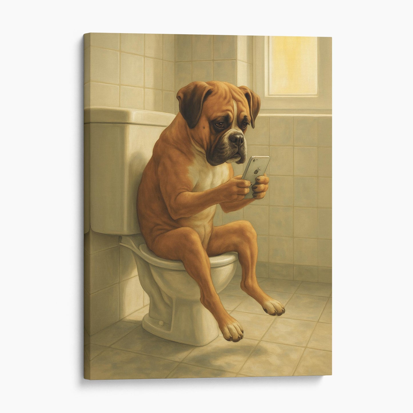 Boxer Dog On The Phone On The Toilet