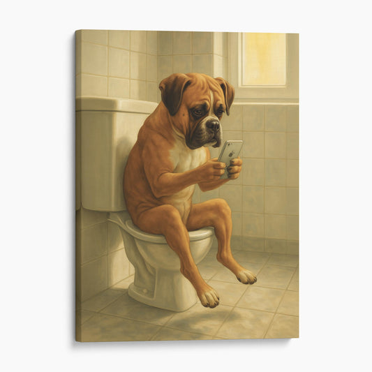 Boxer Dog On The Phone On The Toilet