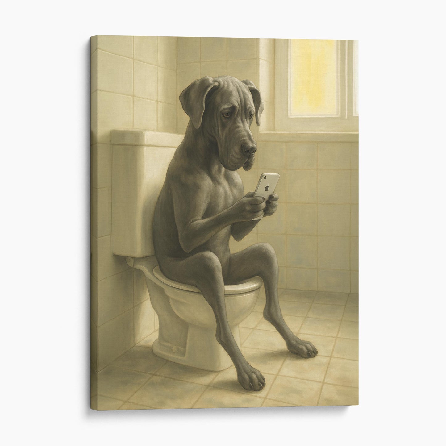 Great Dane Dog On The Phone On The Toilet