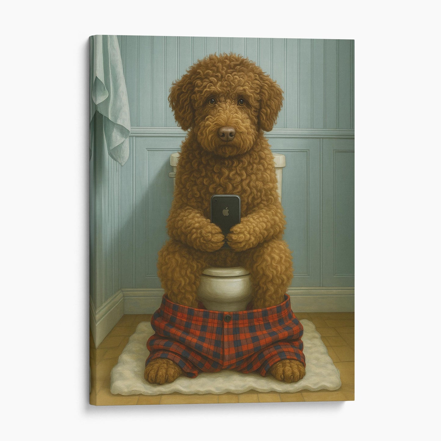 Lagotto Romagnolo Dog On The Phone On The Toilet