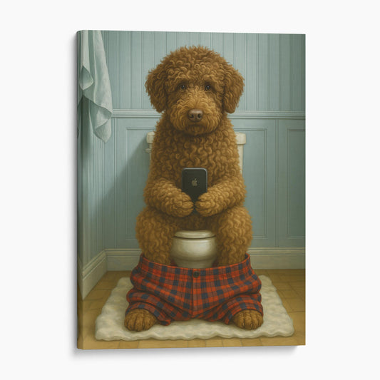 Lagotto Romagnolo Dog On The Phone On The Toilet