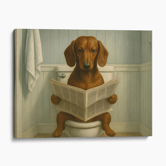 Dachshund Dog Reading The Newspaper On The Toilet