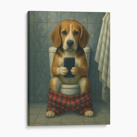 Beagle On The Phone On The Toilet