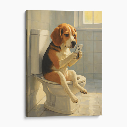 Beagle Dog On The Phone On The Toilet