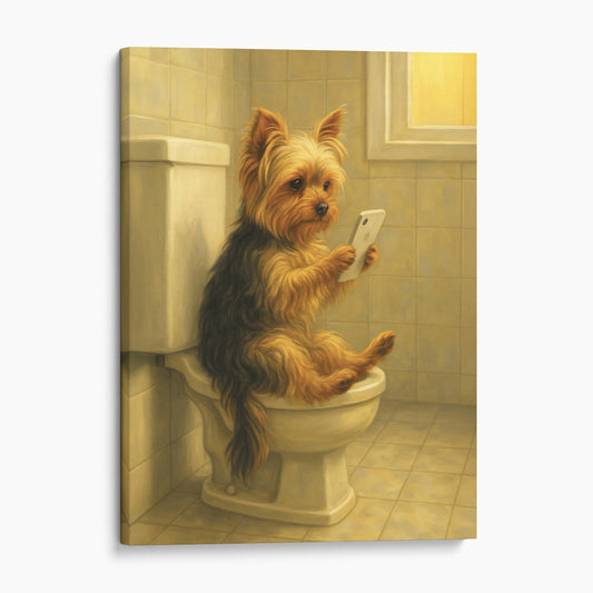 Yorkshire Terrier Dog On The Phone On The Toilet