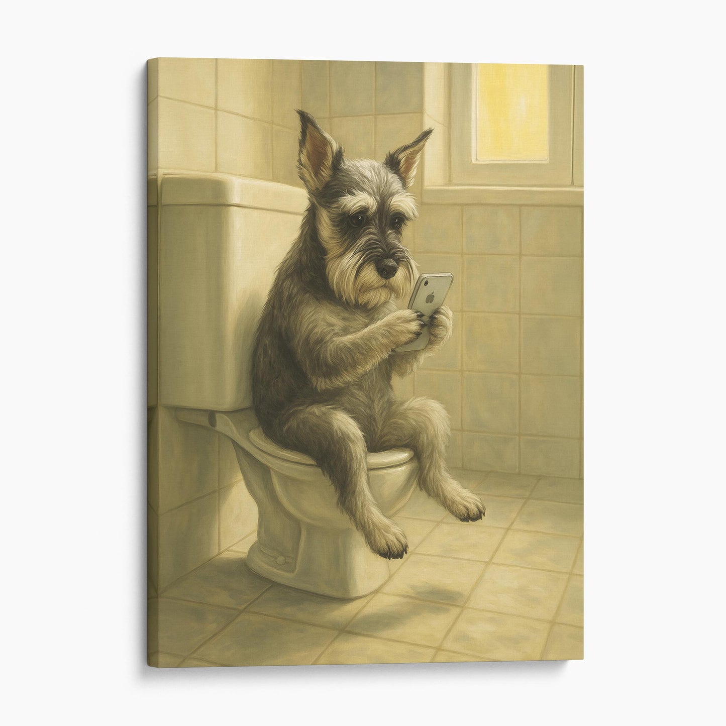 Miniature Schnauzer Dog On The Phone On The Toilet
