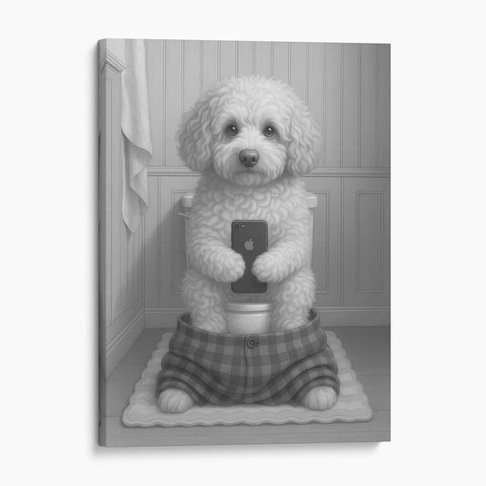 Cockapoo Dog On The Phone On The Toilet