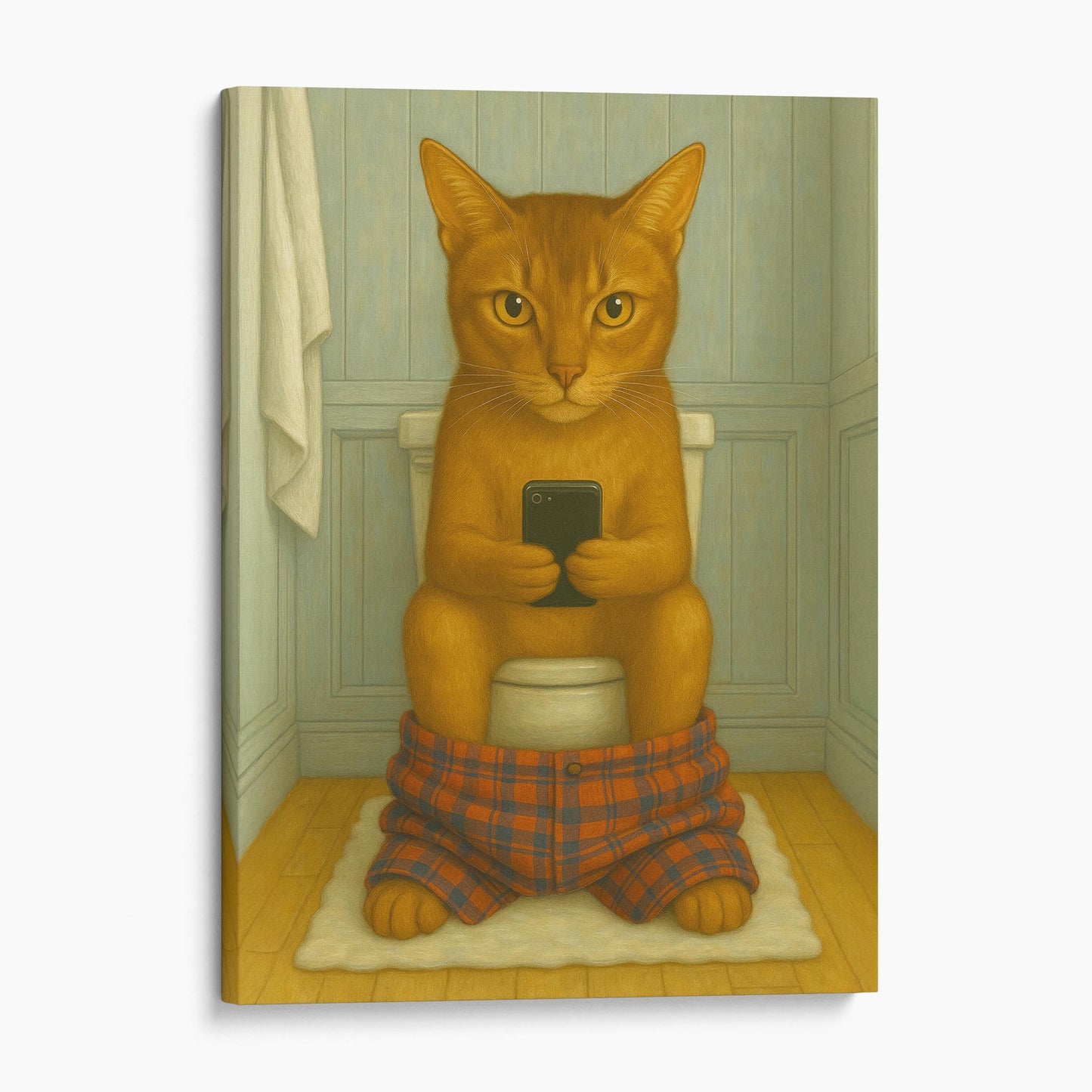 Abyssinian Cat On The Phone On The Toilet