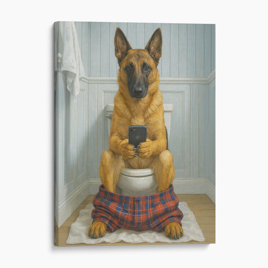 Belgian Malinois Dog On The Phone On The Toilet
