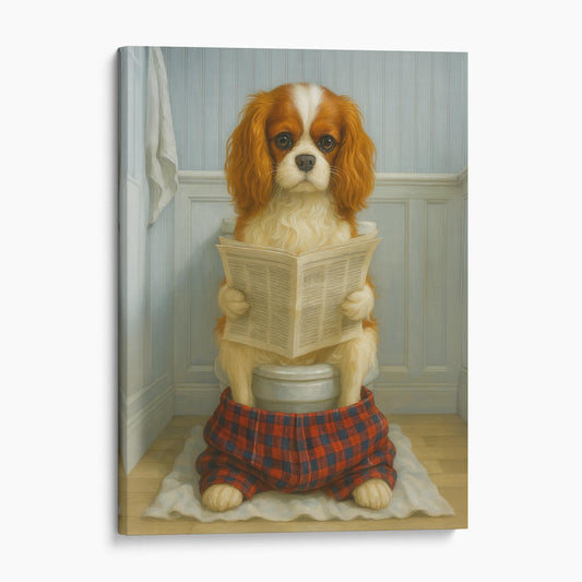 Cavalier King Charles Dog Reading The Newspaper On The Toilet