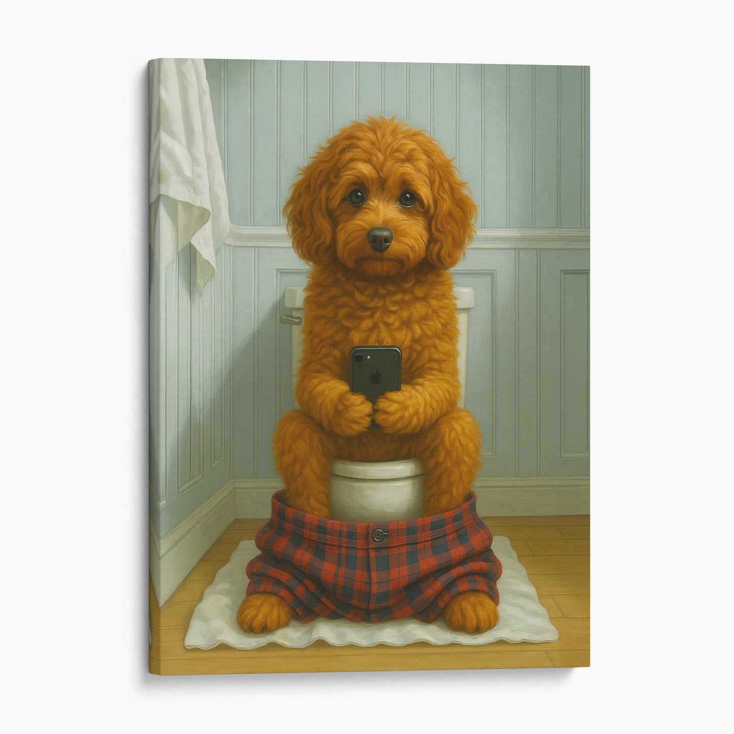 Cavapoo Dog On The Phone On The Toilet