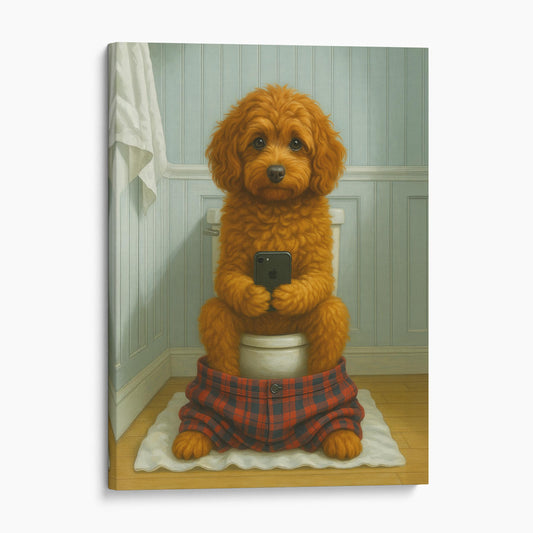 Cavapoo Dog On The Phone On The Toilet