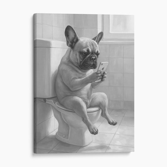 French Bulldog On The Phone On The Toilet
