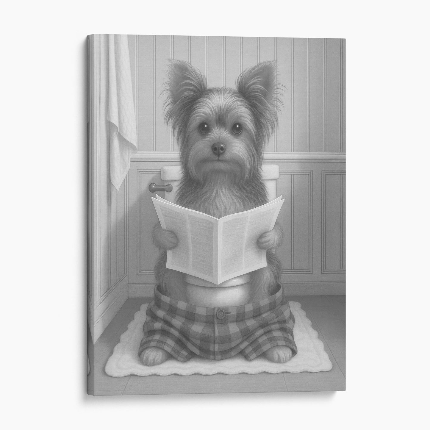 Yorkshire Terrier Dog Reading The Newspaper On The Toilet