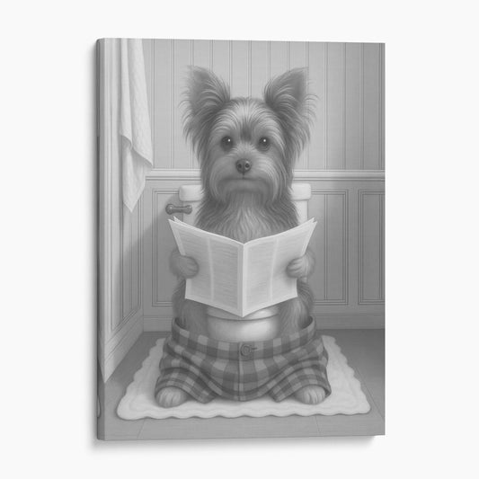 Yorkshire Terrier Dog Reading The Newspaper On The Toilet
